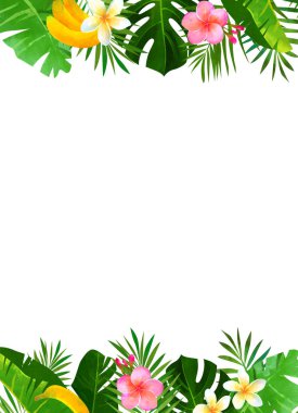 Tropikal çerçeve monstera yaprak, muz yaprağı, palmiye yaprağı, muz, plumeria çiçekler. Yaz arka plan.