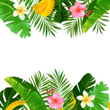 Tropikal çerçeve monstera yaprak, muz yaprağı, palmiye yaprağı, muz, plumeria çiçekler. Yaz arka plan.