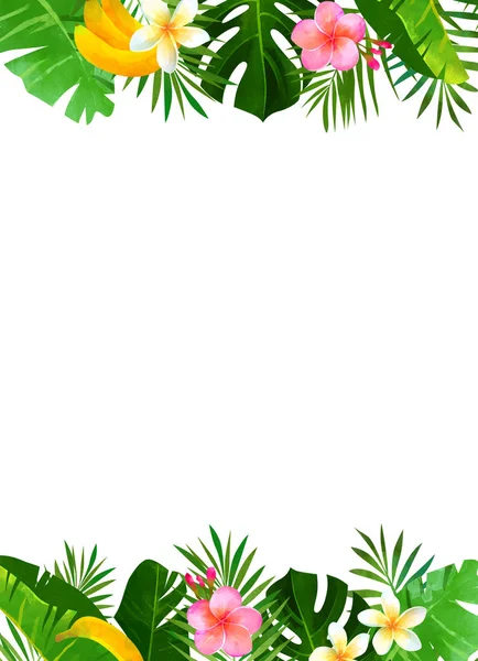Tropikal çerçeve monstera yaprak, muz yaprağı, palmiye yaprağı, muz, plumeria çiçekler. Yaz arka plan.
