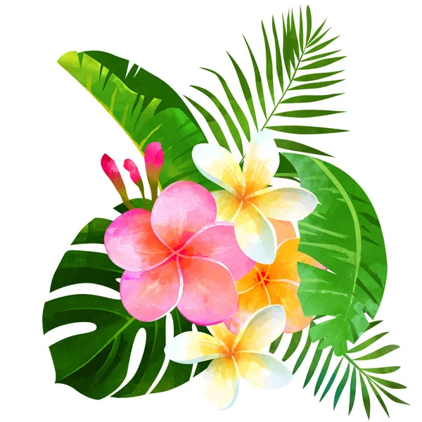 Tropisches Bouquet Mit Monstera Blatt Bananenblatt Palmblatt Plumeria Blüten Auf — Stockfoto