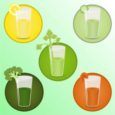 Brokoli, kereviz, salatalık, havuç ile smoothies. Sağlık yaşam tarzı kokteyller illüstrasyon vektör. Yeşil, koyu yeşil, turuncu, açık yeşil, sarı, yeşil.