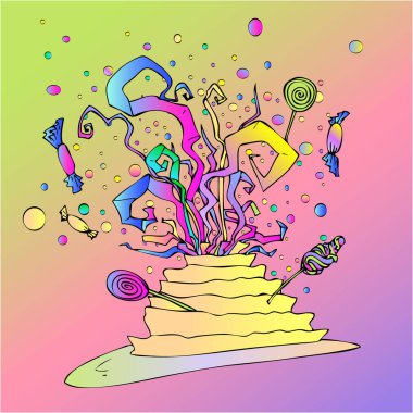 doğum günü pastası tatlılar, lolipop ve konfeti ile. pembe sarı ve mavi renkler gradien