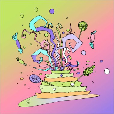 doğum günü pastası ile tatlılar, lolipop ve confeti. Sarı, pembe, yeşil ve açık mavi renkte.