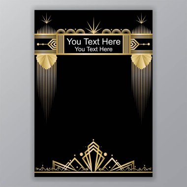 Art Deco şablon altın-siyah, A4 sayfa, menü, kart, davet, ay yıldız ve şehir ışıkları Artdeco/sanat Nuvo tarzı, güzel bakcground .