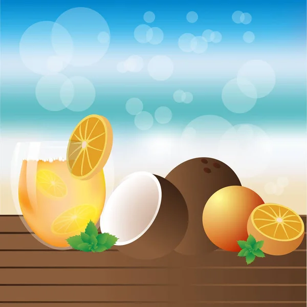 Summer Illustration Beach Style Vector Illustration Wood Desk Tropic Fruits — Stock Vector