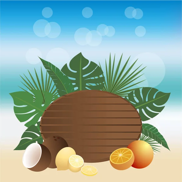 Banner Verão Estilo Praia Vetor Ilustração Mesa Madeira Frutas Tropicais —  Vetores de Stock