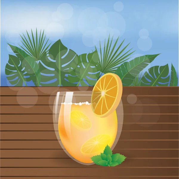 Summer Beach Tea Juice Wood Table Palms Leafs Sea — Stock Vector