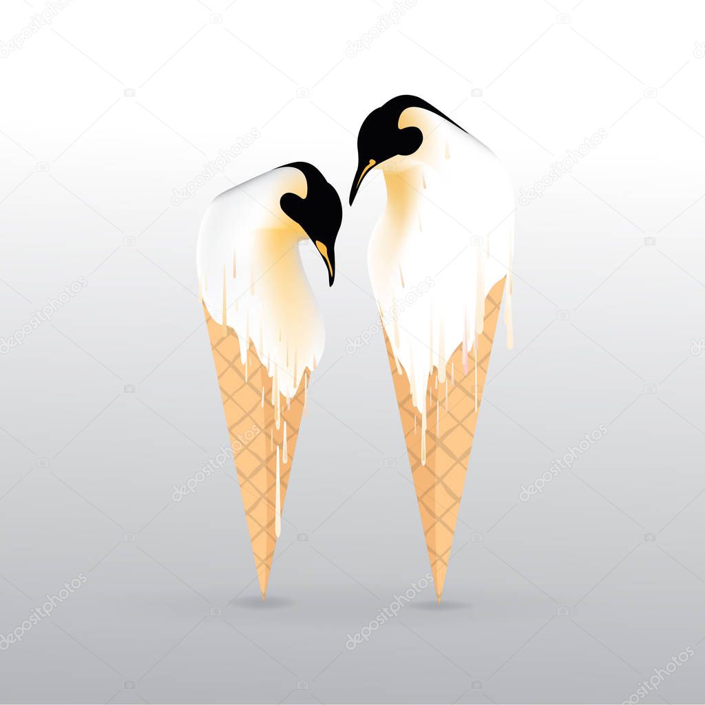 Pinguin melting ice-cream illustration, with sweet waffle conus .Realationships , friendship , global warming .