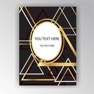 Art deco sayfa şablonu, altın siyah beyaz geometrik üçgen desen, retro doku. Baskı ve web tasarım, vektör poster. 