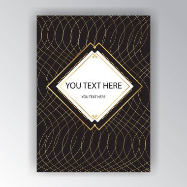 Art Deco sayfa şablonu, zarif temiz dokulu altın için siyah arka plan yazdırma ve web, retro davet, afiş cool. 