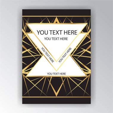 Altın siyah art deco ve sanat novo sayfa şablonu, üçgen geometrik tasarımı için yazdırma ve web metal  