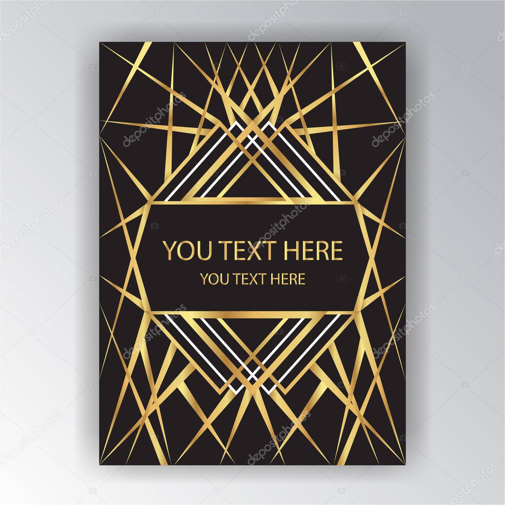 Art deco page template, golden black geometric pattern , retro texture . Print and web design , vector poster.