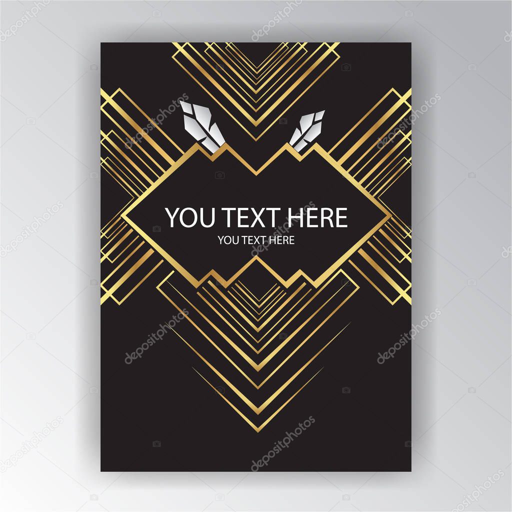 Art Deco style page template, native Indian texture and feathers , golden black  menu design , book cover 