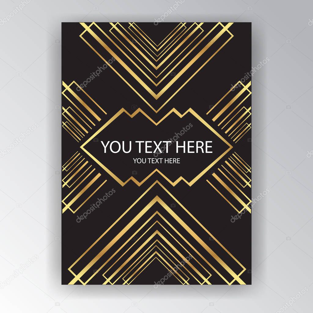 Art deco page template , triangle geometric pattern for print and web  .  Elegant clean golden black background.