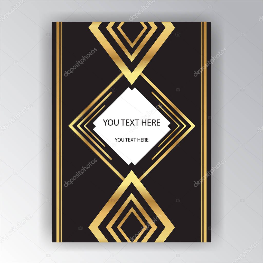 Art deco page template , triangle geometric pattern for print and web  .  Elegant clean golden black background. 