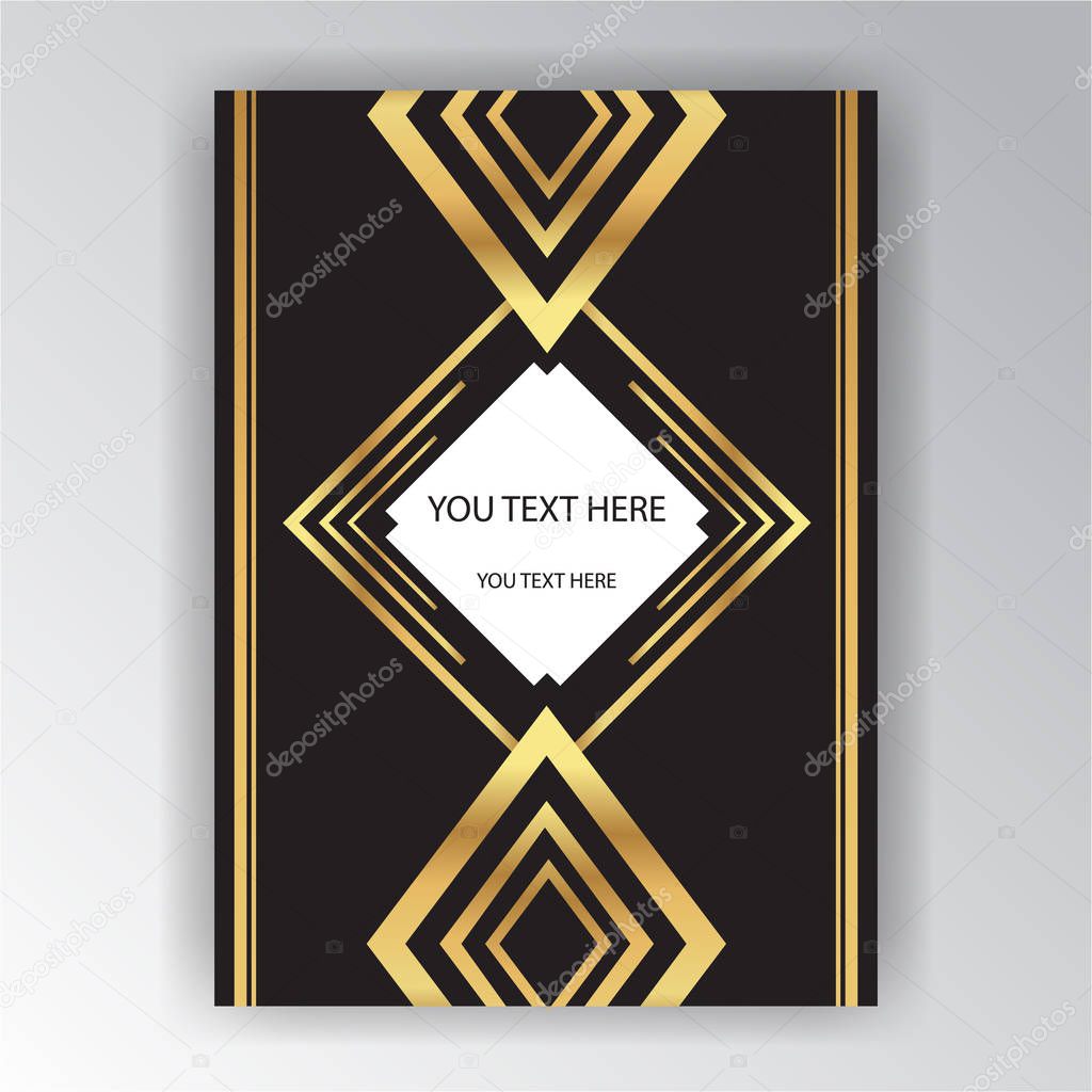 Art deco page template , triangle geometric pattern for print and web  .  Elegant clean golden black background.