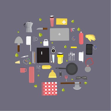 Malzemeleri kamp, kamp şeyler vektör çizimi, web ve baskı vektör düz İllüstrasyonu surviaval set whith eldiven ayarla