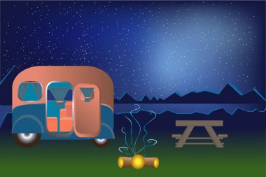 Açık kamp illüstrasyon gece manzarası Hills çizgi film ve carovan yaz tatili web için su ve yazdırma