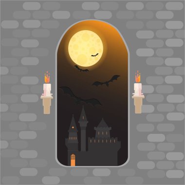 Kale Ortaçağ penceresinde. Mutlu helloween kartı, vektör çizim mumlar ve dolunay, yarasalar ve perili şato. Sonbahar gece Gösterim amacıyla web vektör ve yazdırma. 