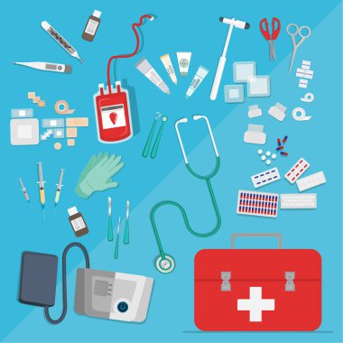 Tıbbi malzeme düz web ve baskı illüstrasyon Doktor tıbbi malzeme, ilk yardım yardım, sağlık için ayarla tıbbi bakım vektör karikatür çizim için yaratıcı kavramı .