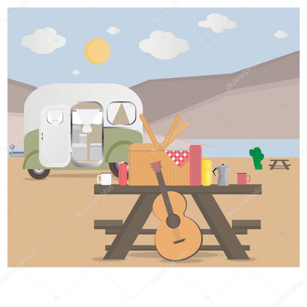 Cartoon outdoor camping illustration day desert landscape with hills and water carovan summer vacation for web and print