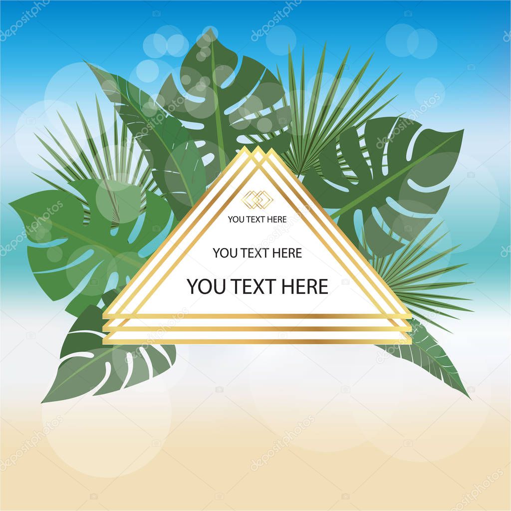 Triangle label on blurred beach background with palm leafs and golden pseudo 3d lines . Elegant background for print and web sales, banners and many more.
