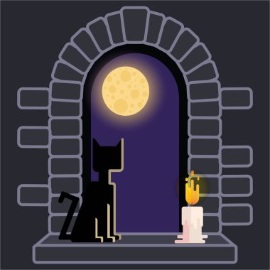 Kalenin penceresinde siyah kedi ve mum, gece manzarası, dolunay korku helloween arka plan ile. Retro eski moda Oyunlar için web tasarım ve baskı. Sevimli çizgi çizim 
