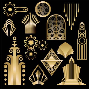 Art deco / Art nuvo diy vektör altın siyah zarif nesneler kümesi baskı ve ağ için. Yaratıcı çizim