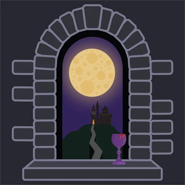 Castle window with night landscape and full moon  horror halloween background . Retro old fashioned games desing for web and print .Cute cartoon illustration