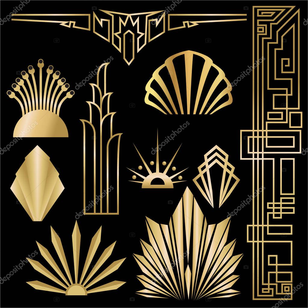 Art deco/Art nuvo diy vector golden black elegant  set of objects for print and web. Creative illustration