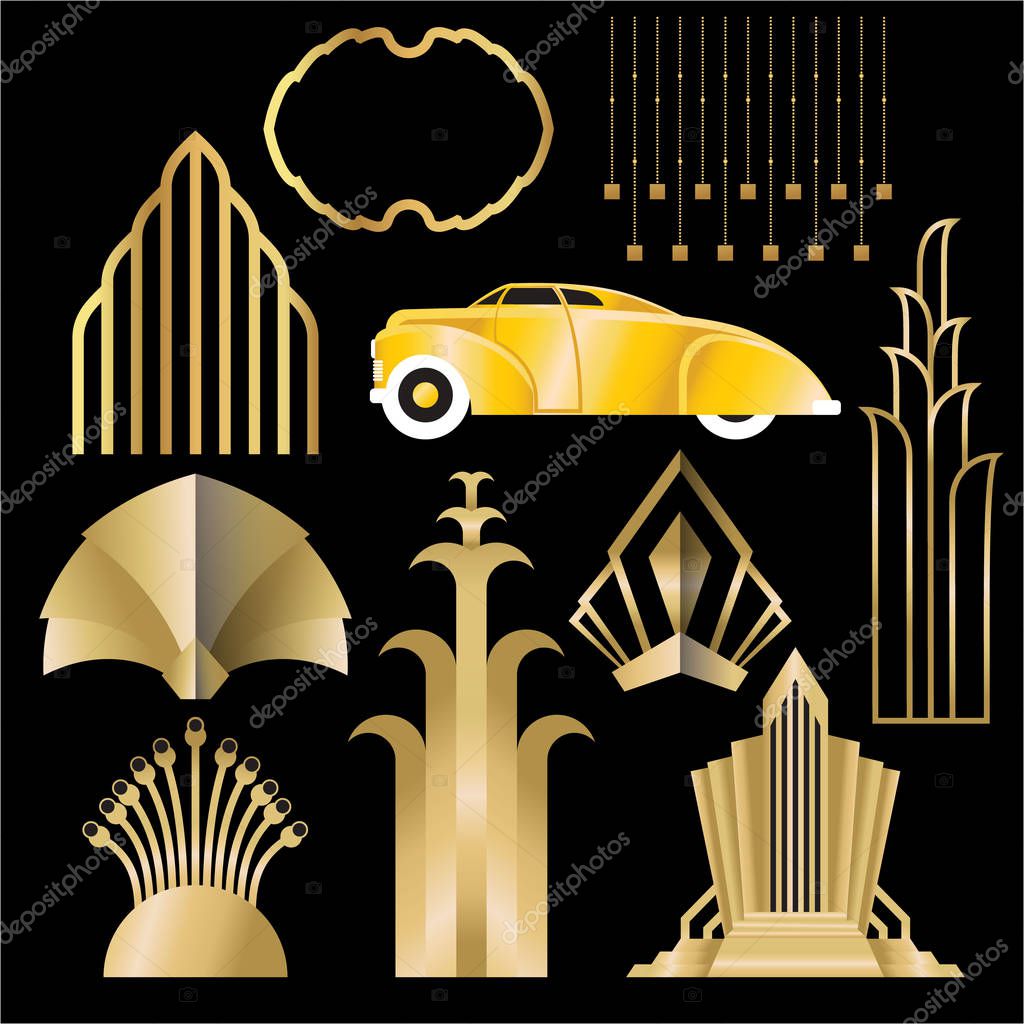 Art deco/Art nuvo diy vector golden black elegant  set of objects for print and web. Creative illustration