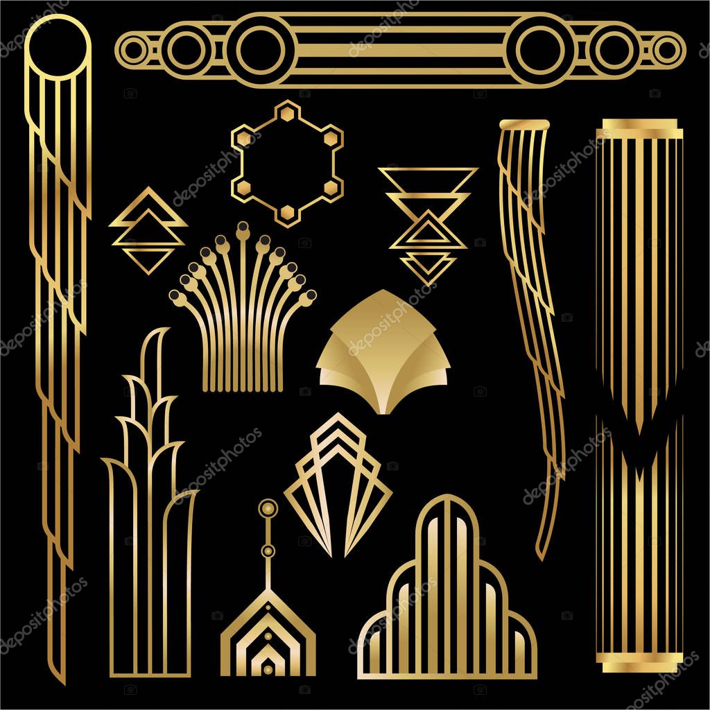 Art deco/Art nuvo diy vector golden black elegant  set of objects for print and web. Creative illustration
