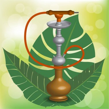 Gerçekçi 3d bakır nargile vektör halat üzerinde yeşil arka plan bulanık egzotik tropik leafes ile.