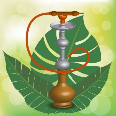 Realistic 3D  copper hookah vector ilustration  on green blurred background with exotic tropical leafes. clipart