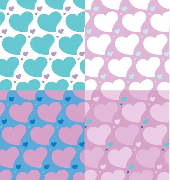 Hearts Seamless Patterns Set Four Patterns Set Violet Pink White — Stock Vector