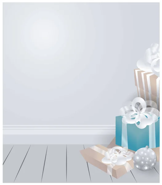 Room Christmas Gifts Boxes Tree Balls Beautiful Luxury Vector Silver — стоковый вектор