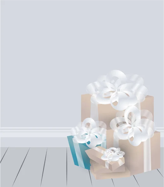 Szoba Karácsonyi Ajándék Dobozok Golyó Gyönyörű Luxus Vektor Ezüst Fehér — Stock Vector