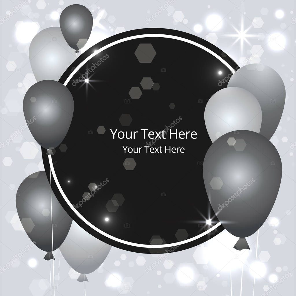 Balloons sale business template for web and print,  cute label for sale poster decoration . Beautiful cover template for Christmas card black ,silver and white with bokeh shiny glow decoration.