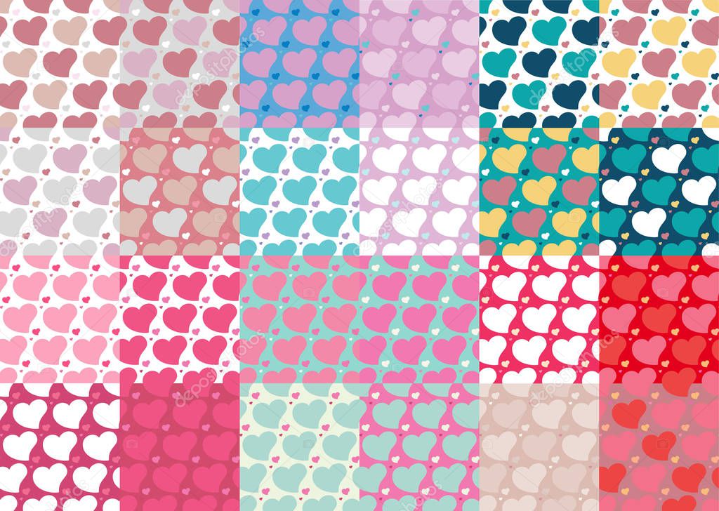 Hearts seamless patterns set twenty four set for web and print  design cartoon flat hearts creative romantic , pastel soft modern digital geometric texture of heart shapes in retro colors 