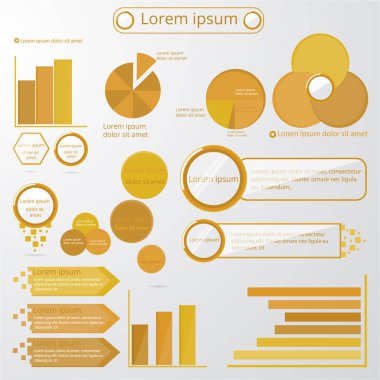 Çizgi film cam daireler ile altın sienna renklerde Infographic öğeleri kümesi. Daire, pasta grafik, dünya ok zaman çizelgesi, metin kabarcık, diyagram, grafik vektör şablonları. Web ve baskı için .