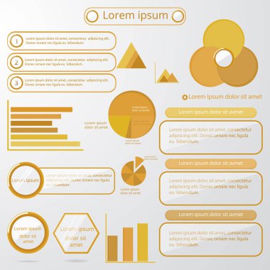 Çizgi film cam daireler ile altın sienna renklerde Infographic öğeleri kümesi. Daire, pasta grafik, dünya ok zaman çizelgesi, metin kabarcık, diyagram, grafik vektör şablonları. Web ve baskı için .