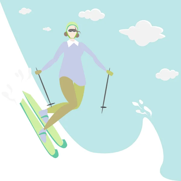 Young Woman Ski Vector Illustration Web Print Cute Catroon Flat — Stock Vector