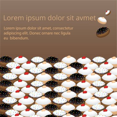 Sevimli düz çizgi sayfa şablonu çörek, çörek lezzetli tatlı jöleli çörek hanukkah sembolü ahududu jöle, çikolata, beyaz çikolata, dolce de leche birçok cinds ile