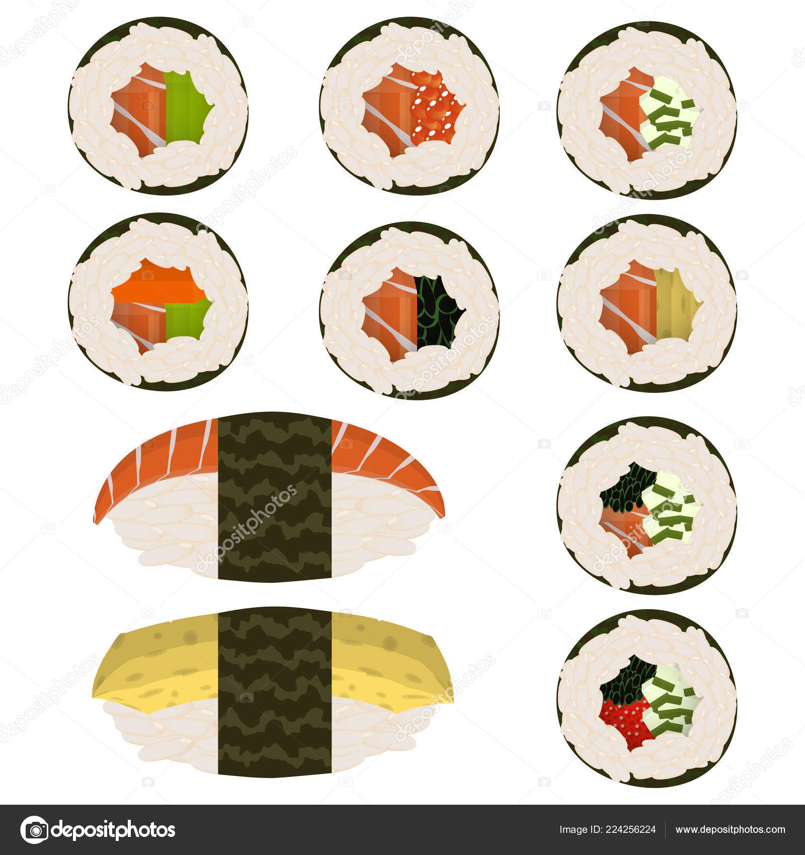 Satz Von Scheiben Sushi Rollen Und Nigeri Traditionelle ... Satz Von Scheiben Sushi Rollen Und Nigeri Traditionelle ...