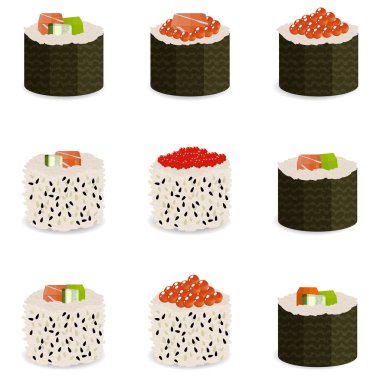 9 dilim sushi kümesi alır, geleneksel Asya gıda. Restoran menü, izometrik görünümünde teslim Web siteleri için klasik yemek tarifleri.