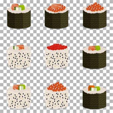 9 dilim sushi kümesi şeffaf arka plan üzerinde geleneksel Asya gıda alır. Restoran menü, izometrik görünümünde teslim Web siteleri için klasik yemek tarifleri.
