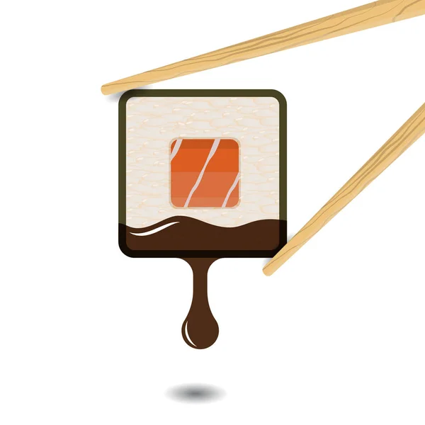 寿司方卷标志型三文鱼浸入铁烧酱汁与筷子在白色背景 — 图库矢量图片