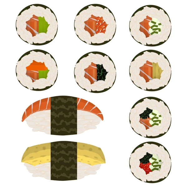 Lot Tranches Rouleaux Sushi Nigeri Cuisine Asiatique Traditionnelle Recettes Classiques — Image vectorielle