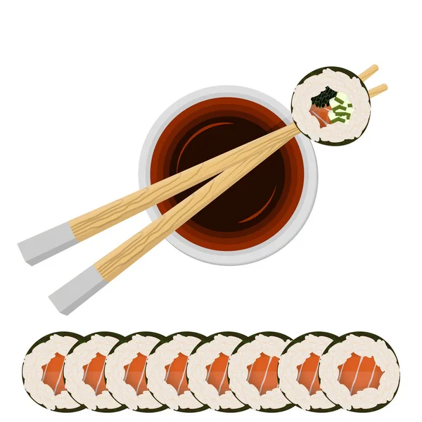 Sushi Gulung Dengan Sepiring Kecap Atau Saus Teriyaki Dan Sumpit - Stok Vektor