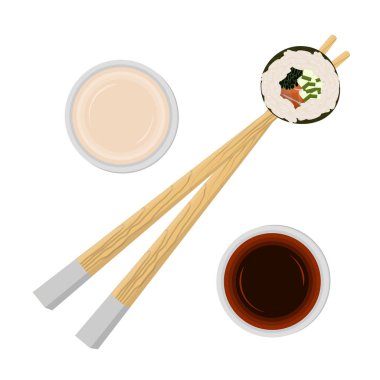Suşi rulo çubuklarla soya veya teriyaki sos plaka üzerinde ve  